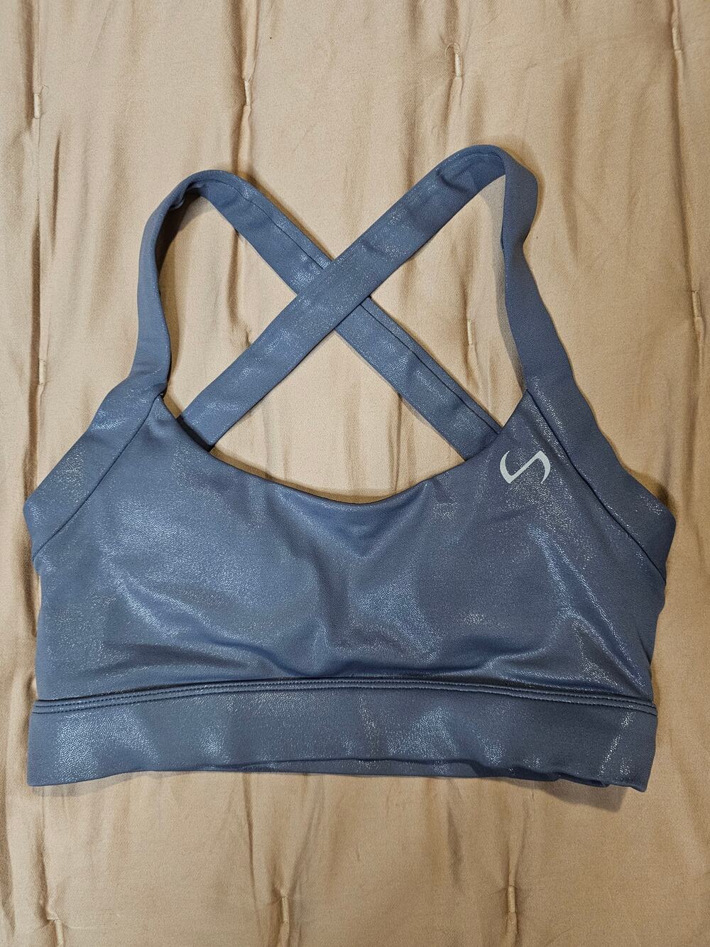 TLF Take Life Further Metallic Silver Gray Strappy Sports Bra Small